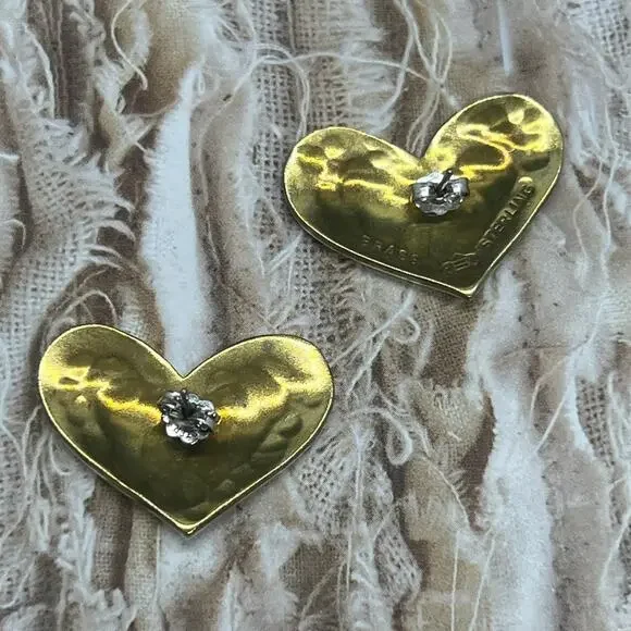 Vintage Jeep Collins Brass Sterling Hammered Heart Earrings - Picture 3 of 5